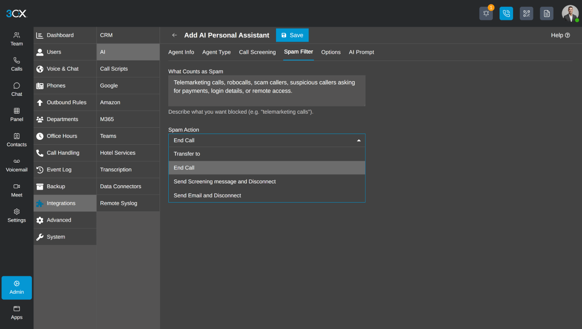 3CX ai-receptionist - agent type