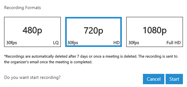 Con webmeeting videoconferenza 3CX puoi registrare scegliendo la risoluzione 
