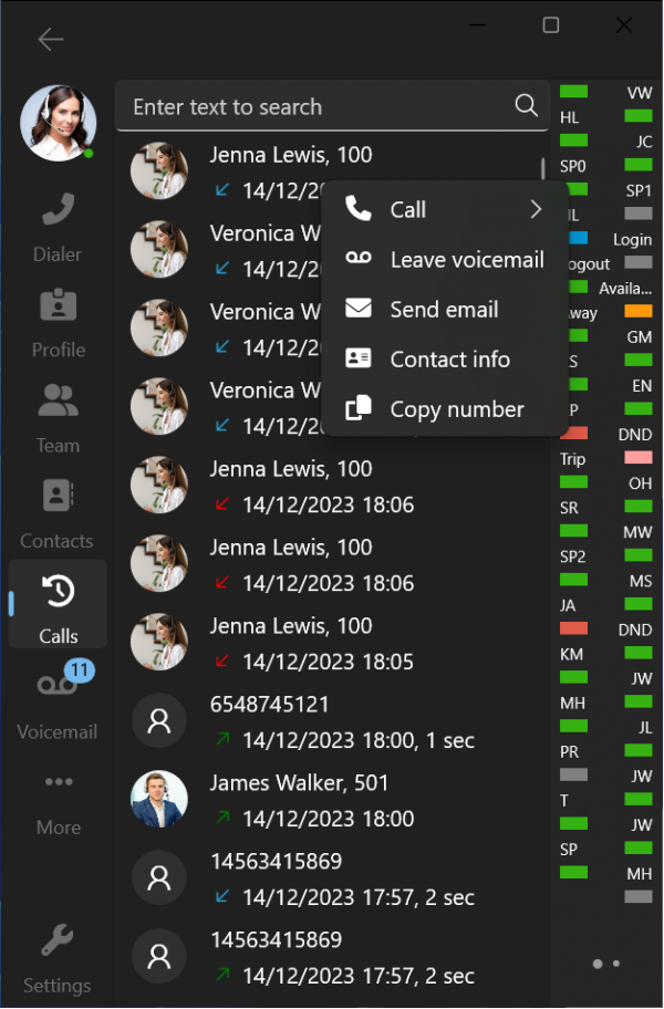 Cronologia-chiamate 3CX Windows Softphone Beta 4 Menu contestuale della cronologia delle chiamate