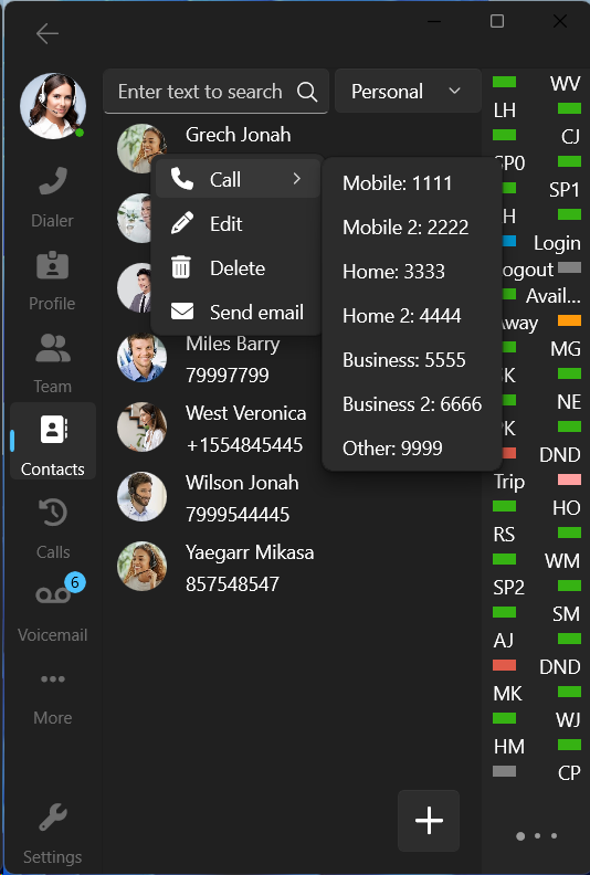 Opzini-chiamata 3CX Windows Softphone Beta 4 Menu contestuale dei contatti