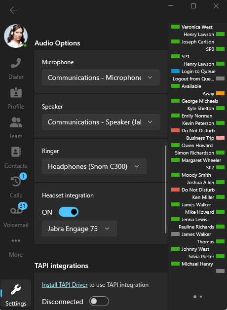 Opzioni audio - windows softphone