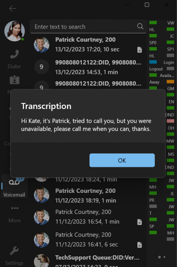 3CX Windows Softphone Beta 4 Trascrizioni della segreteria telefonica 3CX Windows Softphone Beta 4 Trascrizioni della segreteria telefonica