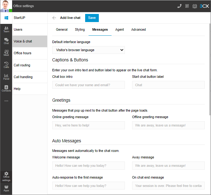 Personalizza i tuoi messaggi della live chat 3CX