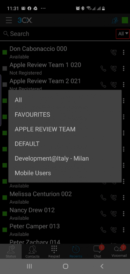 Elenco a discesa dei gruppi di contatti nella voip app 3CX per Android