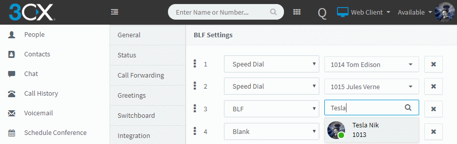 Chiavi 3CX BLF nel Web Client