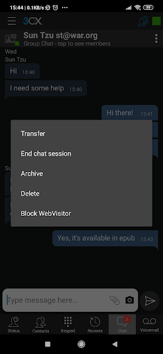 Opzioni interne della Chat per l'app Android