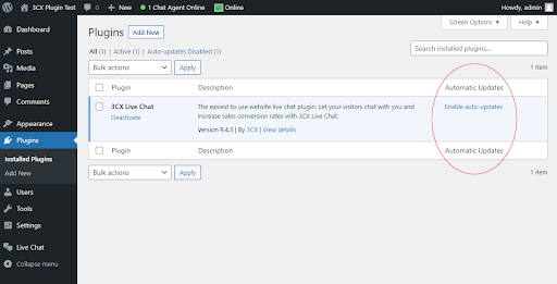 Disabilita gli aggiornamenti automatici del plug in della live chat