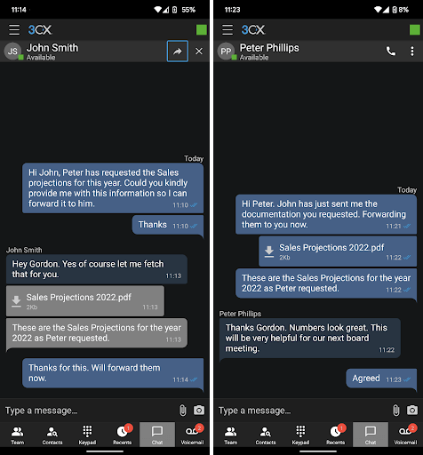 Iinoltra chat e allegati ad altri interni o gruppi
