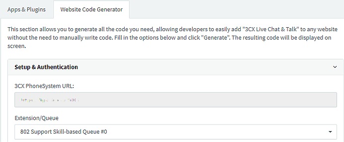 Generatore di codice per Website live chat nell'aggiornamento 3CX v16 3