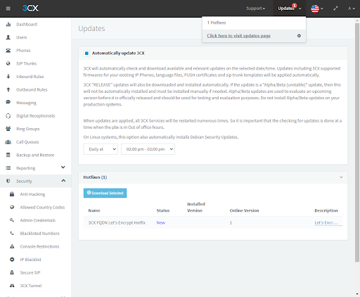 Aggiornamento patch tramite la console di gestione del 3CX