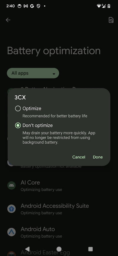 3cx android 14 support beta 3 ottimazione batteria-android
