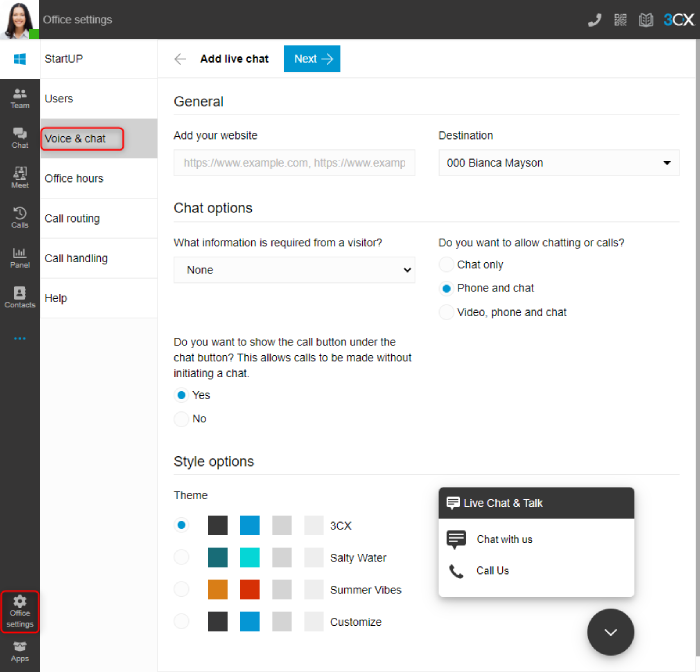 Opzione di Chiamate & Chat della live chat